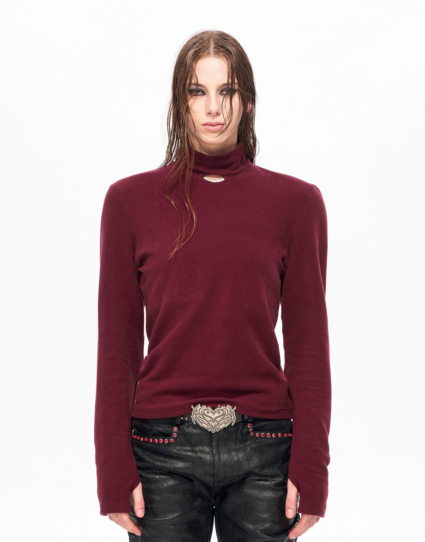 High-Neck Pearl Detail Long Sleeve T-Shirt WN22122