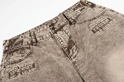 Washed Damage Wide Leg Curved Denim Jeans WN25860