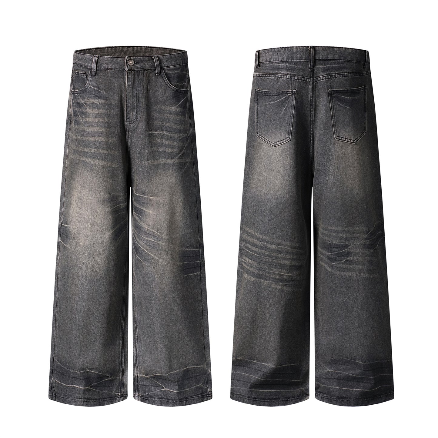 Washed Waxed Whisker Wide Leg Denim Jeans WN26868