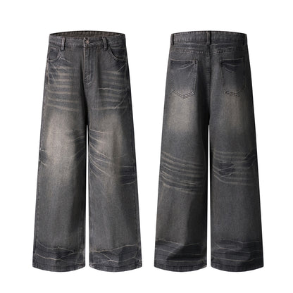 Washed Waxed Whisker Wide Leg Denim Jeans WN26868