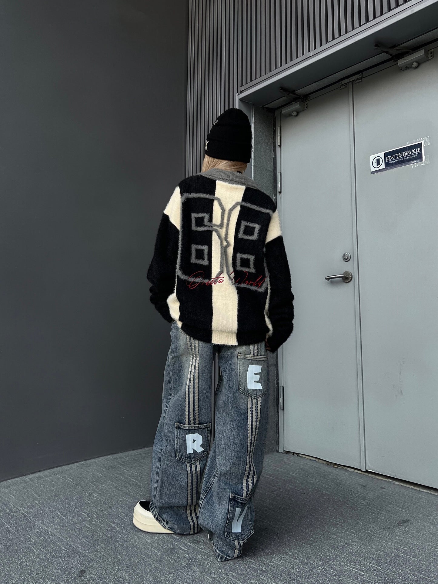 Stripe Embroidery Button Polo Knit Sweater WN24156