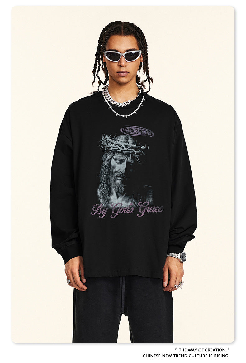 Water Washed Wax Print Long Sleeve T-Shirt WN7885