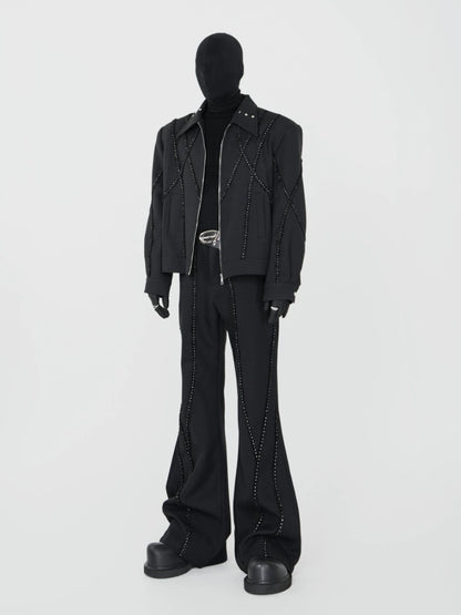 Rhinestone Zipper Jacket & Straight Flare Trousers Setup WN17350