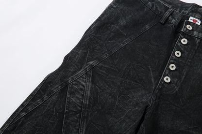 Washed Crinkle Button Fly Wide Leg Denim Jeans WN26144