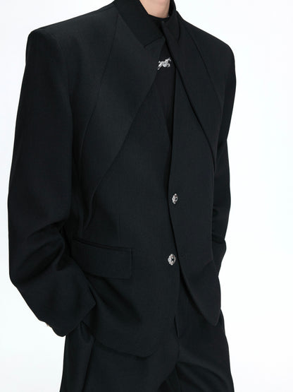 Fake Layered Stand and V-Neck Shoulder Pad Tailored Jacket & Wide Leg Trousers Setup WN26972