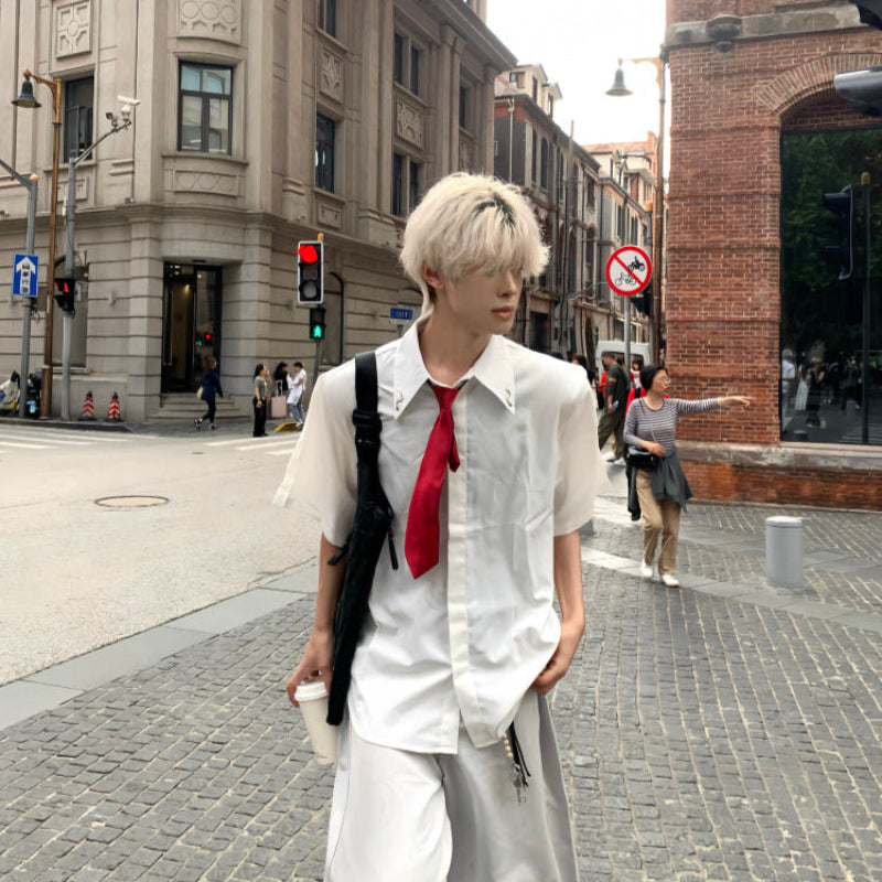 Necktie & Shoulder-Pad Design Short Sleeve Shirt WN19765