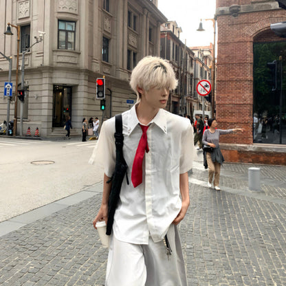 Necktie & Shoulder-Pad Design Short Sleeve Shirt WN19765