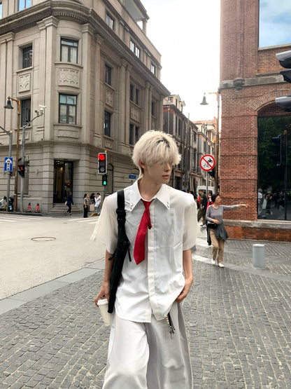 Necktie & Shoulder-Pad Design Short Sleeve Shirt WN19765