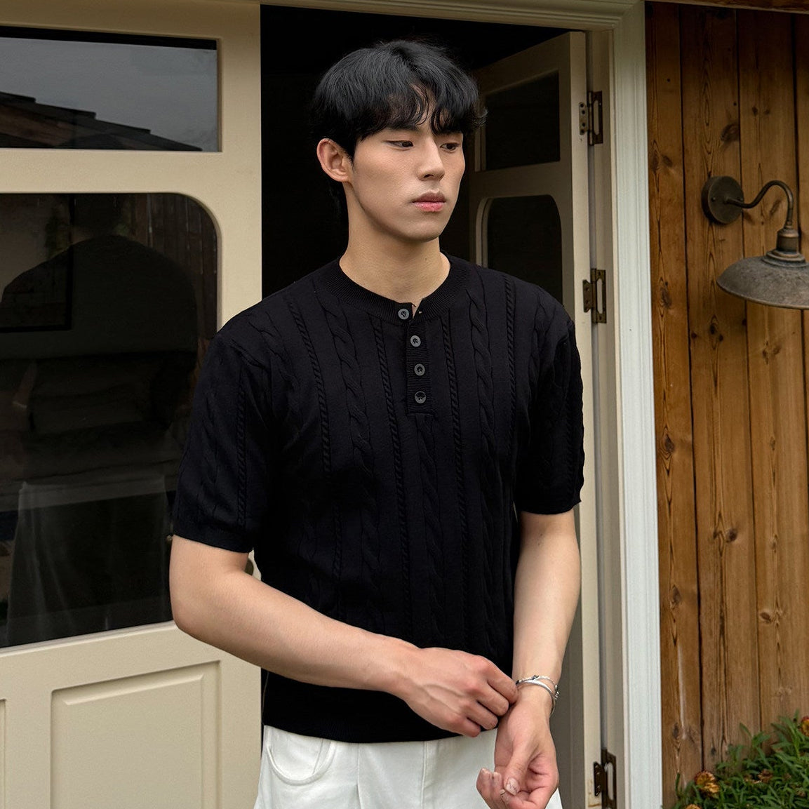 Cable Knit Henley Short Sleeve Polo Shirt WN24895