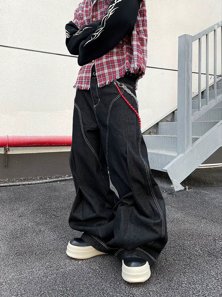 Curved Silhouette Pleats Contrast Stitch Flare Denim Jeans WN16290