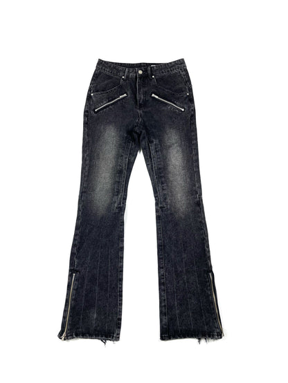 Washed Damage Zipper Design Flare Denim Jeans WN15754