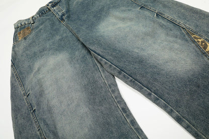 Washed Leopard Panel Curved Denim Jeans WN25514