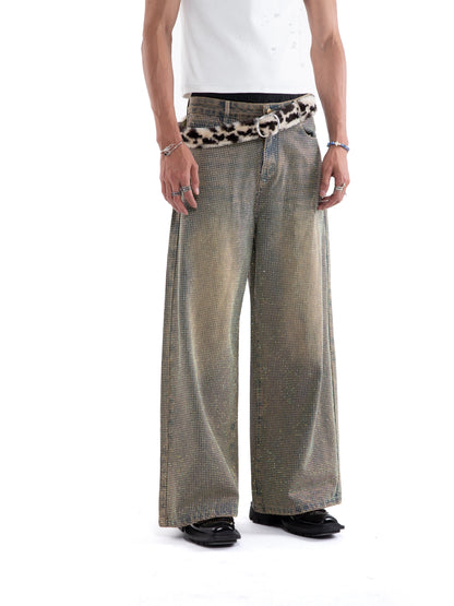 Rhinestone Washed Strap Wide Leg Straight Denim Jeans WN20648