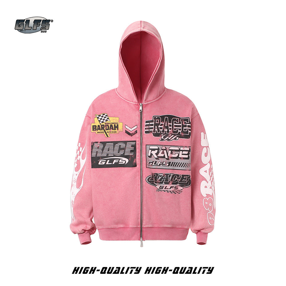 Washed Letter Print Zipper Hoodie WN26512