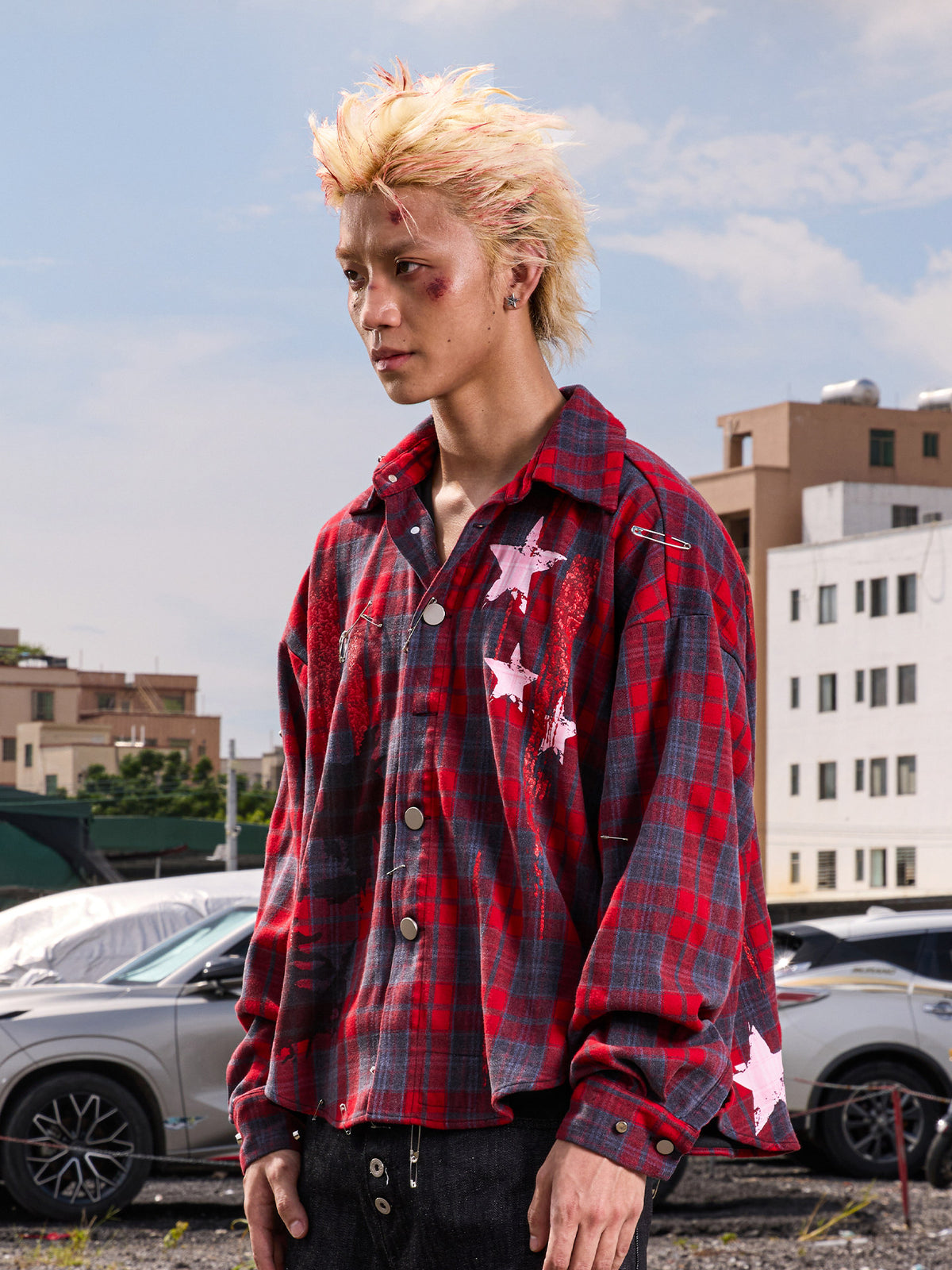 Plaid Star Print Oversize Long Sleeve Shirt WN27099