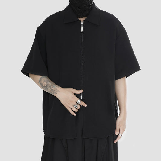 Black Color Zipper Short Sleeve Shirt WN20138