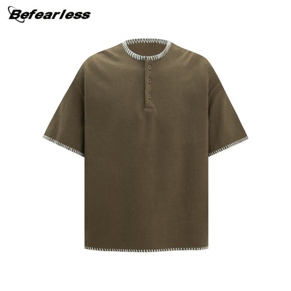 Waffle Contrast Stitch Henley Short Sleeve T-Shirt WN26173