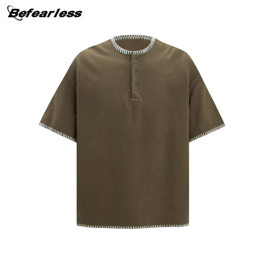 Waffle Contrast Stitch Henley Short Sleeve T-Shirt WN26173
