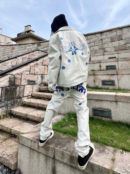 Cross Print Button Denim Jacket & Straight Denim Jeans Setup WN24183
