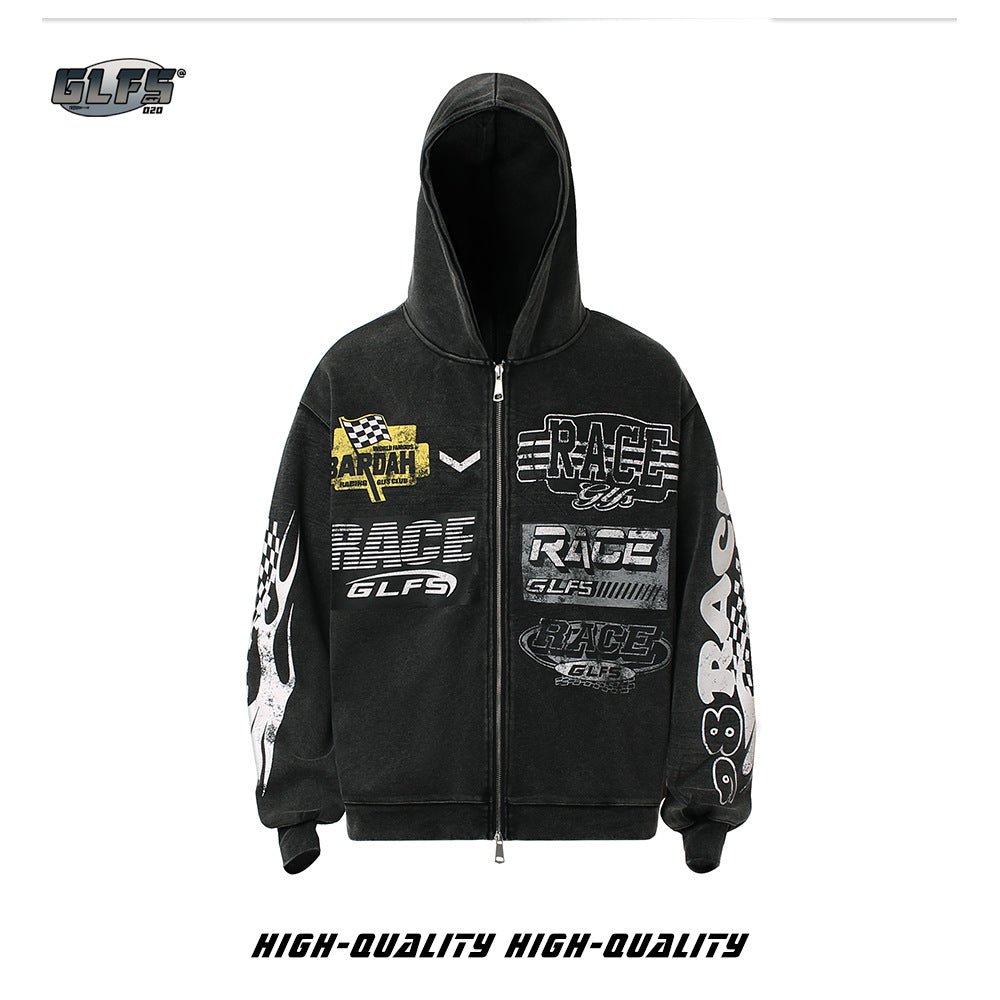 Washed Letter Print Zipper Hoodie WN26512