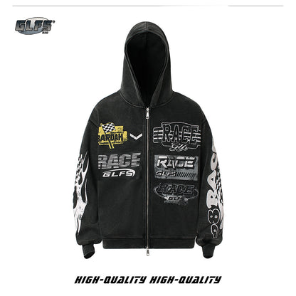 Washed Letter Print Zipper Hoodie WN26512