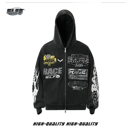 Washed Letter Print Zipper Hoodie WN26512
