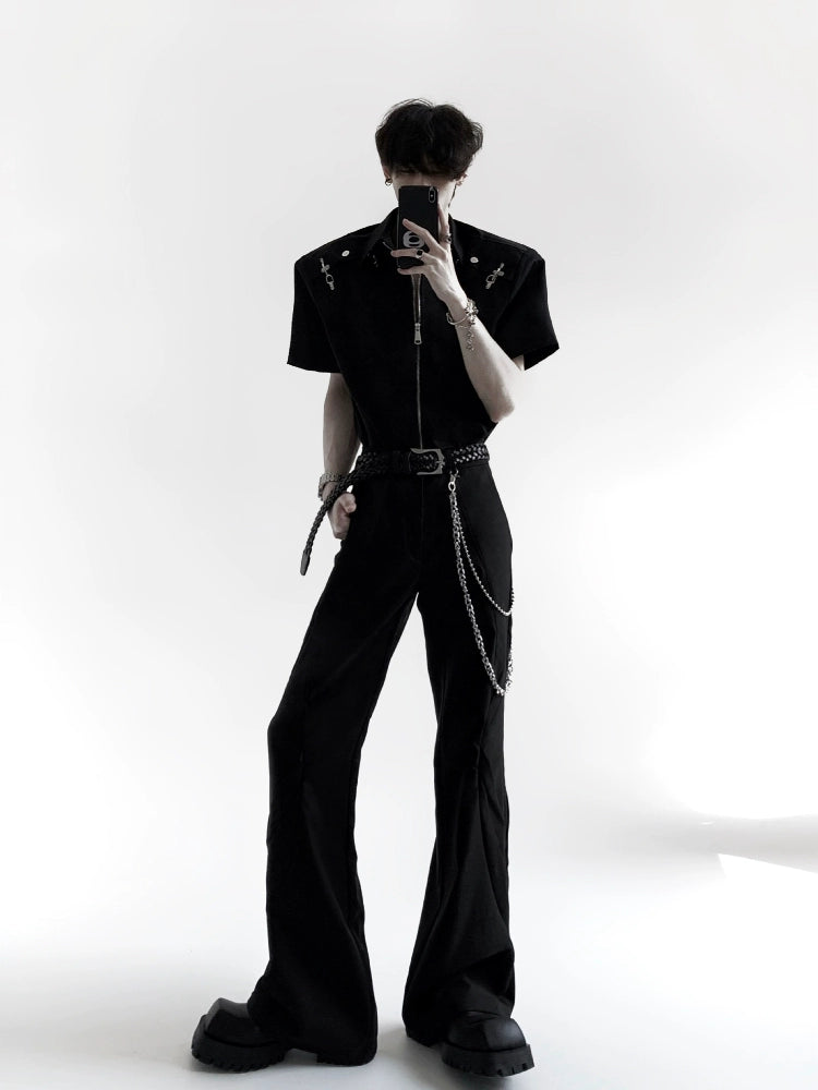 Metal Deconstruction Shoulder-Pad Zipper Short Sleeve Shirt WN20334