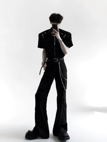 Metal Deconstruction Shoulder-Pad Zipper Short Sleeve Shirt WN20334