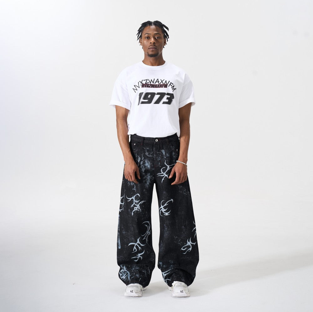 Graffiti Totem Print Wide Leg Denim Jeans WN27881