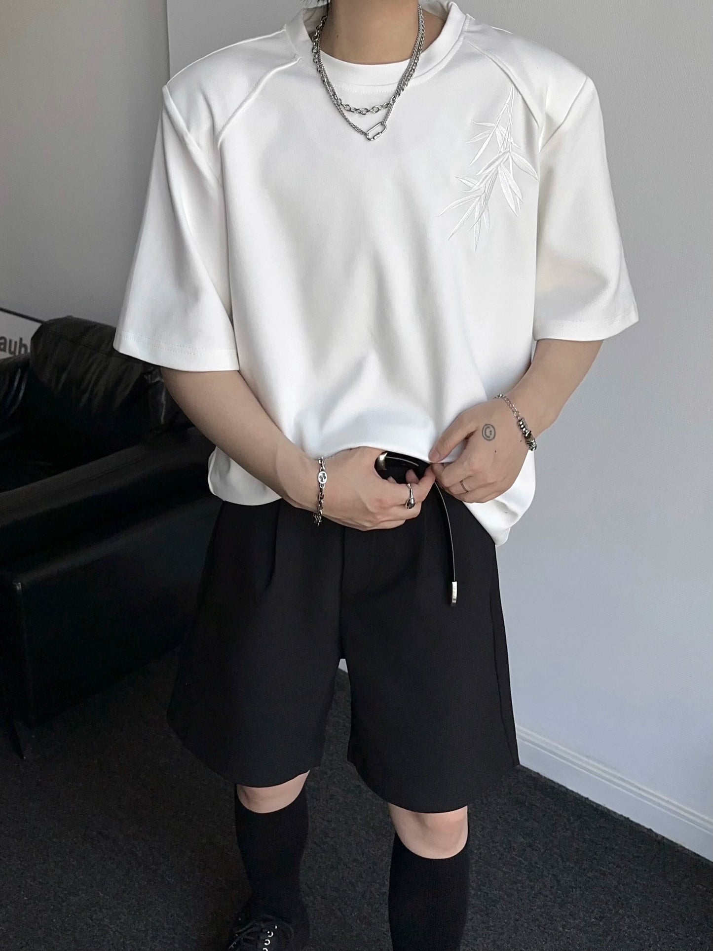 Shoulder-Pad Chinese Style Oversize Short Sleeve T-Shirt WN19348