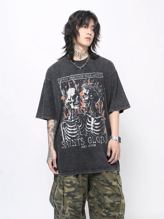 Skull Print Washed Oversize Short Sleeve T-Shirt WN24419