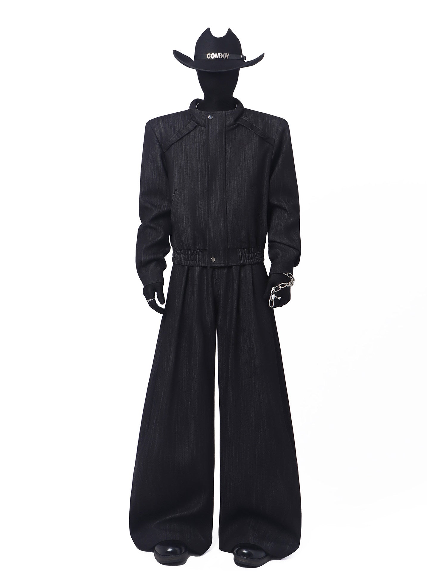 Pleats Standing-Collar Short Jacket & Pleats Wide Leg Trousers Setup WN23693