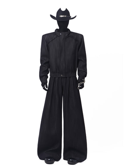 Pleats Standing-Collar Short Jacket & Pleats Wide Leg Trousers Setup WN23693