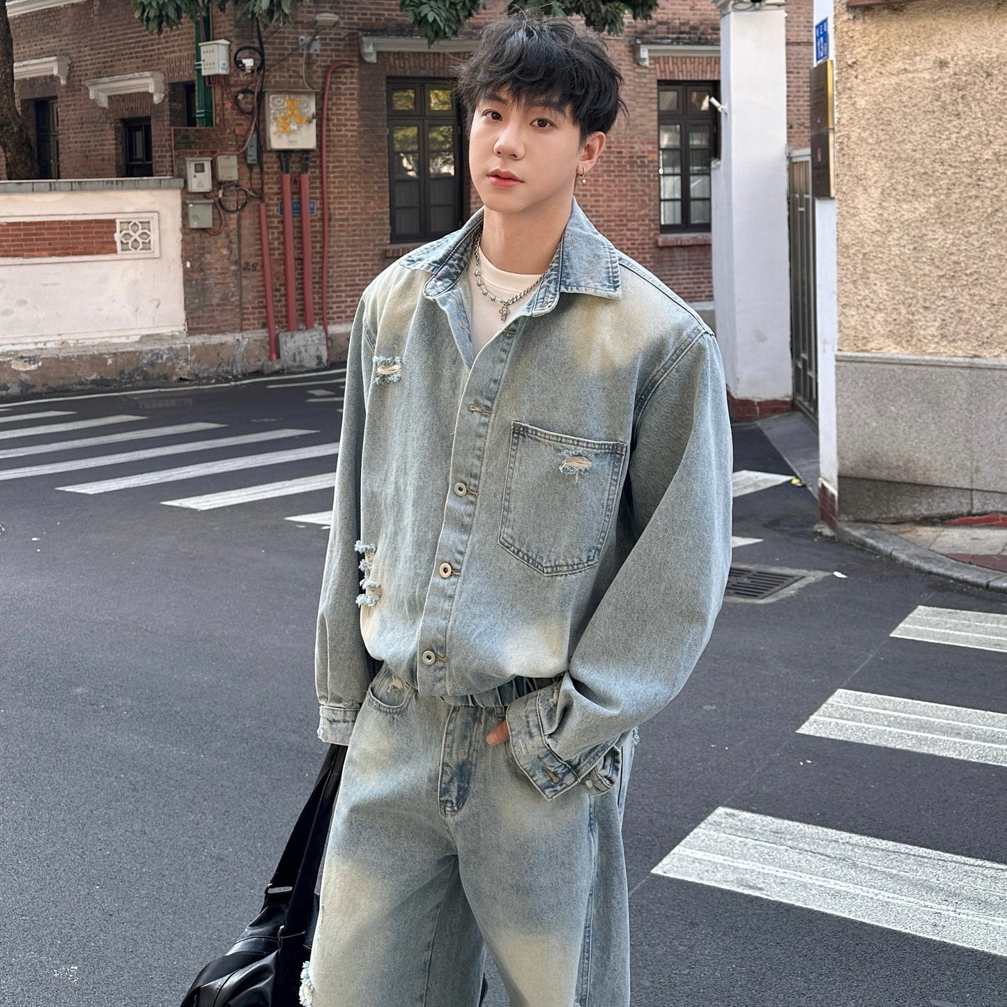 Damage Denim Jacket & Wide Leg Denim Jeans Setup WN25359