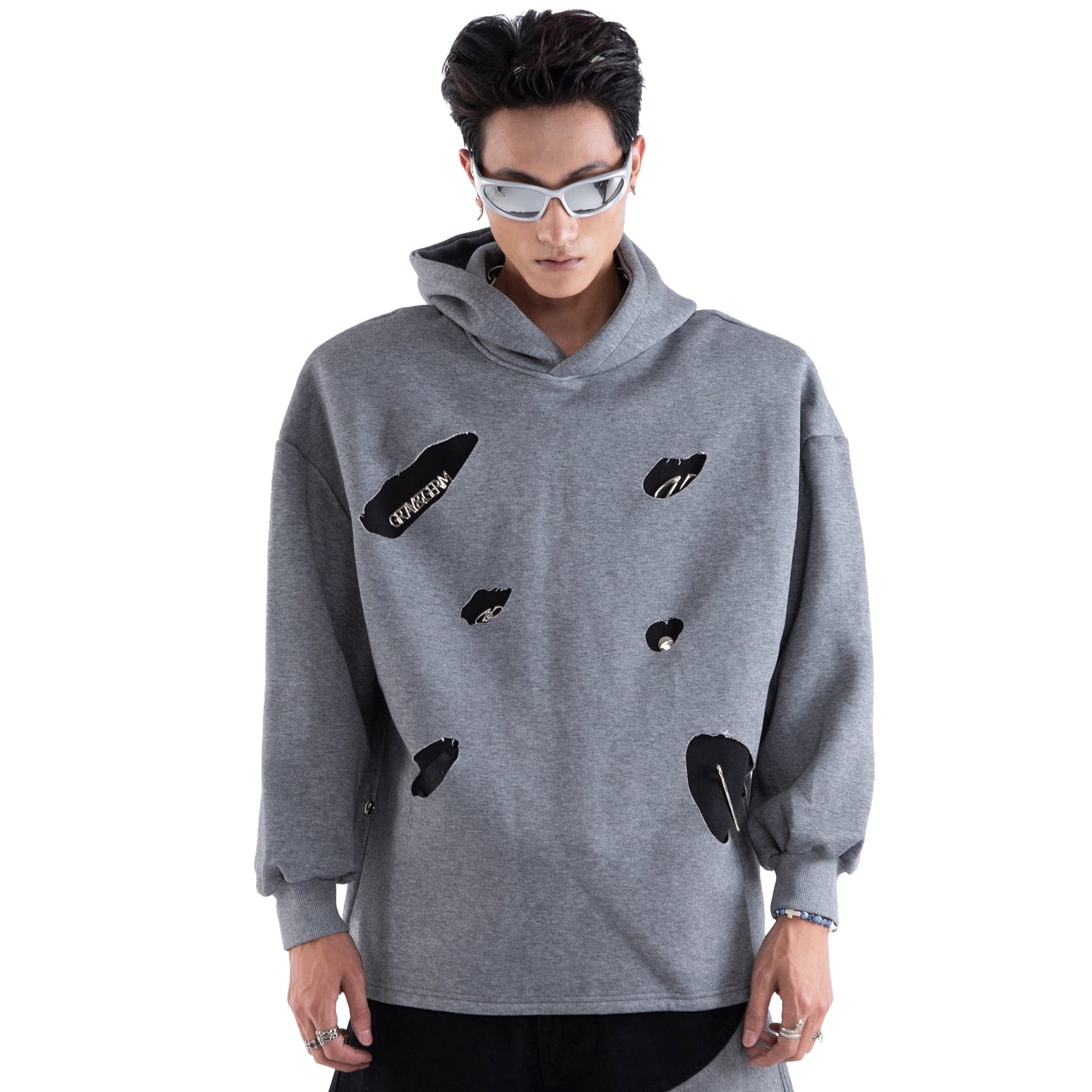 Asymmetrical Rivet Damage Zipper Hoodie WN20650