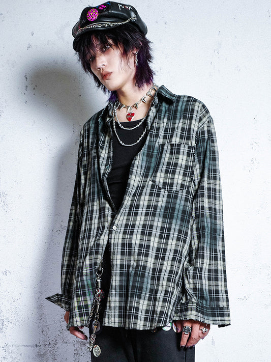 Washed Graphic Design Plaid Long Sleeve Shirt WN16002