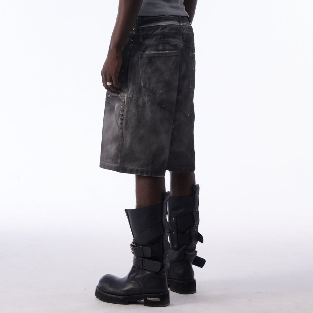 Washed Graffiti Dirty-Dye Denim Half Pants WN25741