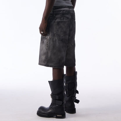 Washed Graffiti Dirty-Dye Denim Half Pants WN25741