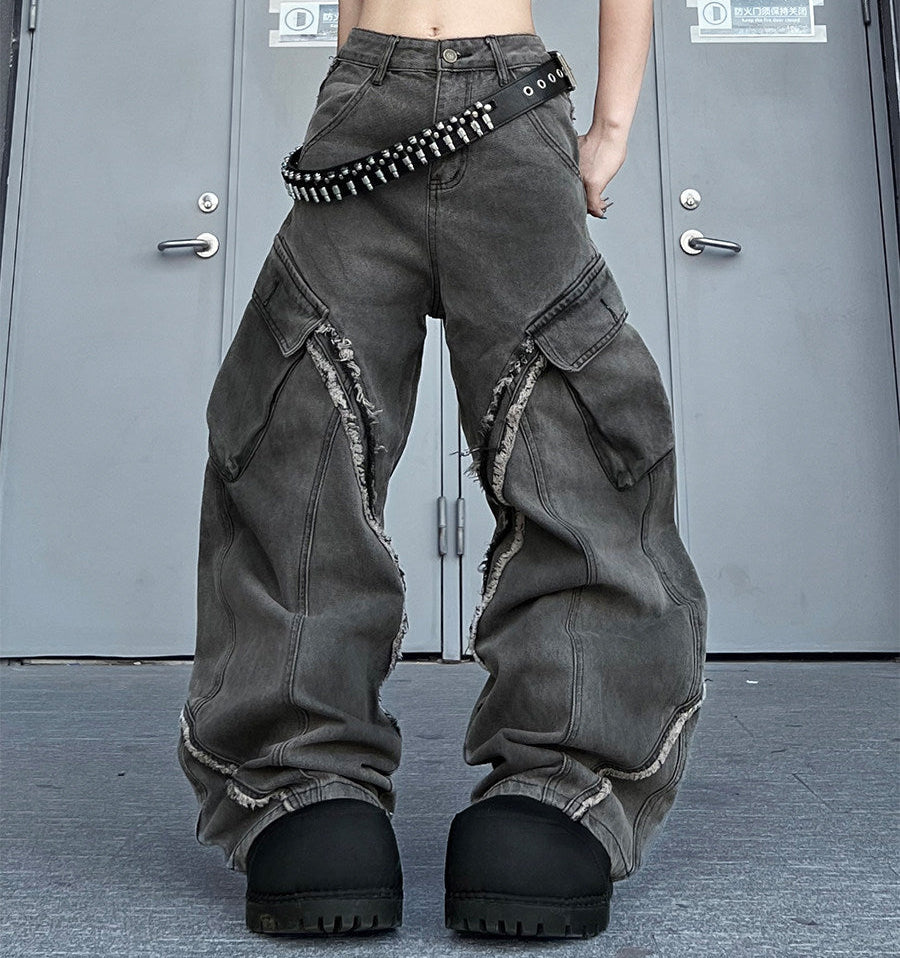 Raw Hem Deconstructed Curved Wide Leg Denim Jeans WN24233