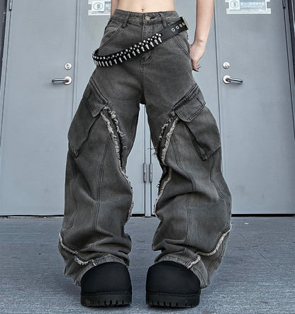 Raw Hem Deconstructed Curved Wide Leg Denim Jeans WN24233
