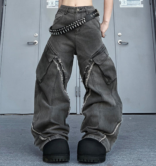 Raw Hem Deconstructed Curved Wide Leg Denim Jeans WN24233