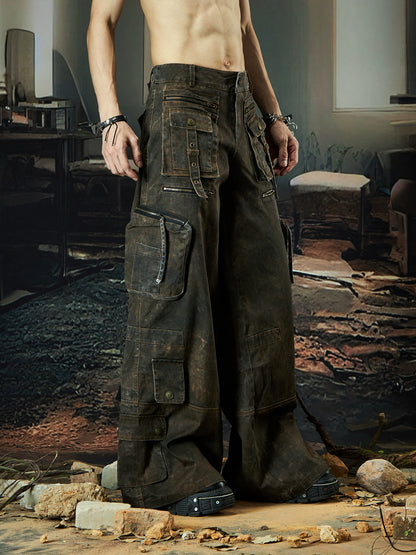 Multi-Pocket Strap Zipper Patchwork Layered Wide Leg Cargo Pants WN18518