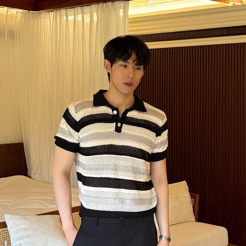 Openwork Border Knit Polo Short Sleeve Shirt WN25020