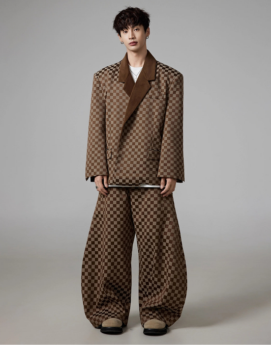 Plaid Tailored Jacket & Plaid Wide Leg Trousers Setup WN22295
