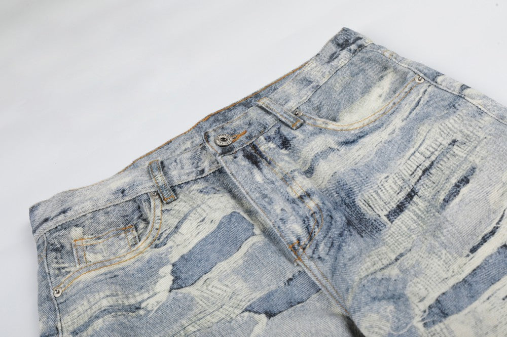 3D Print Damage Washed Wide Leg Denim Jeans WN27953