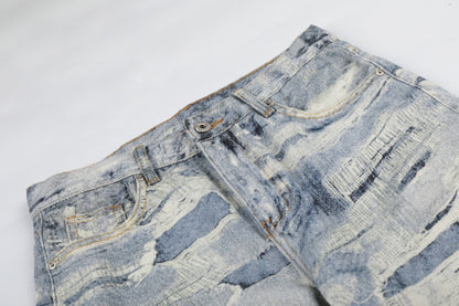 3D Print Damage Washed Wide Leg Denim Jeans WN27953