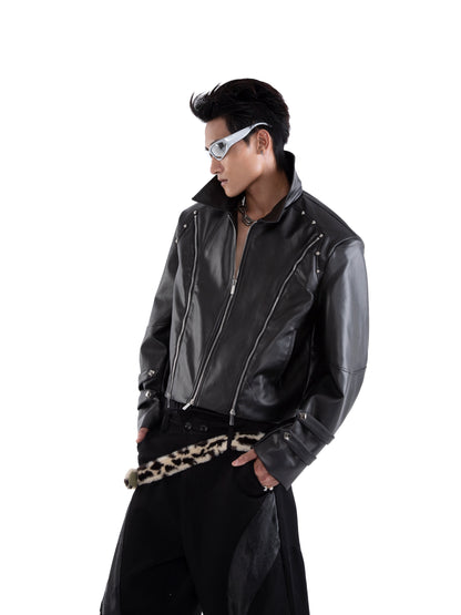 Rivet Multi-Zipper Shoulder-Pad Standing-Collar PU Leather Jacket WN20661