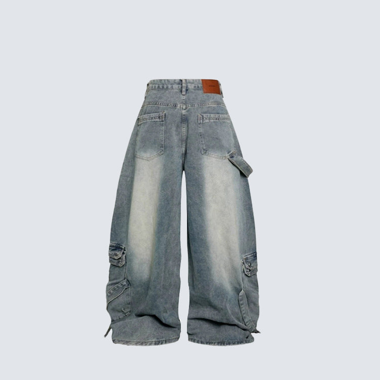 Bleached Cargo Pocket Wide Leg Denim Jeans WN27998