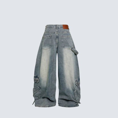 Bleached Cargo Pocket Wide Leg Denim Jeans WN27998