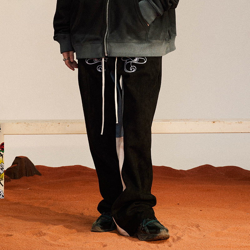 Embroidery Denim Patchwork Suede Warm Straight Pants WN12397